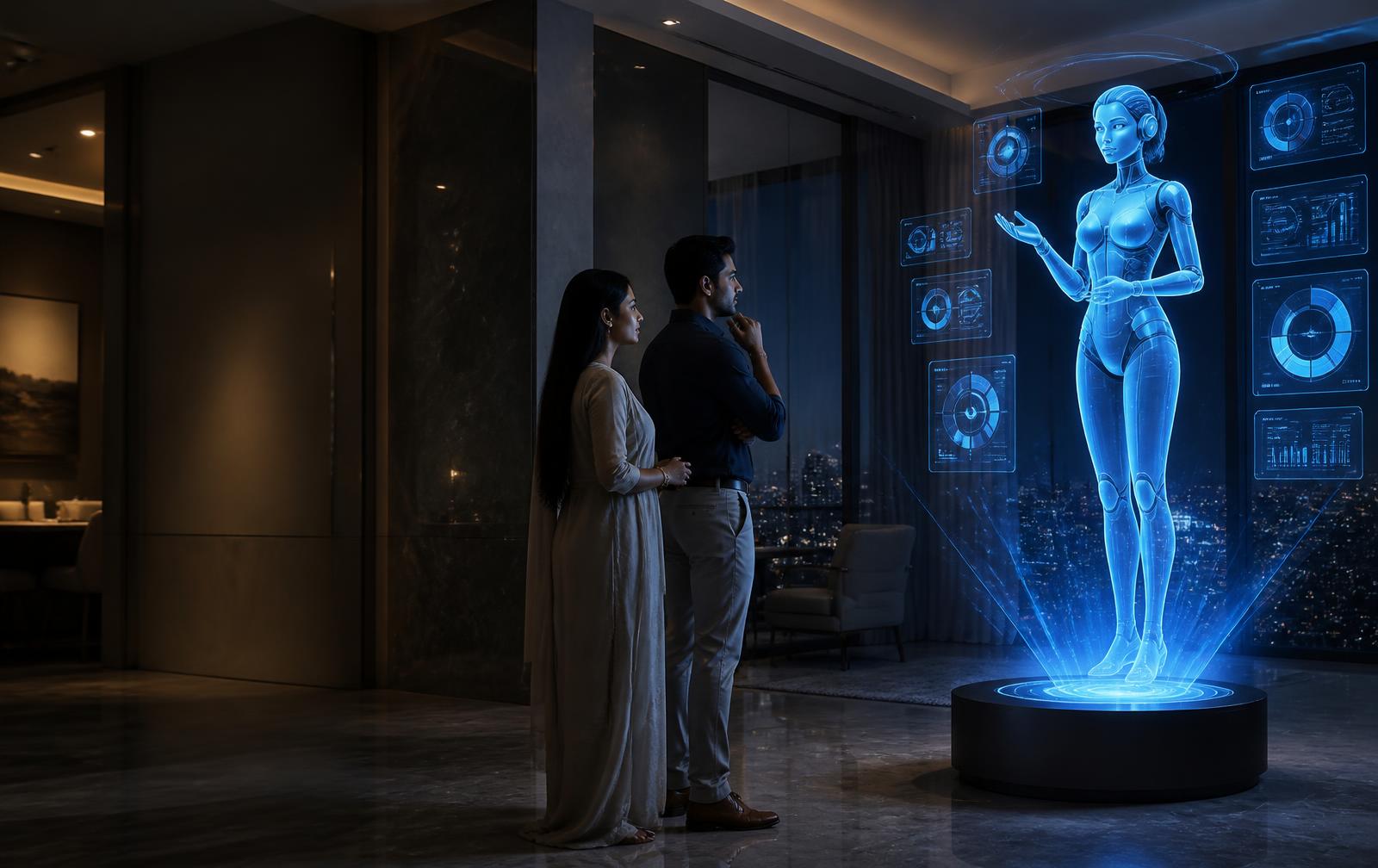 Residents interacting with a holographic AI concierge in a luxury apartment lobby