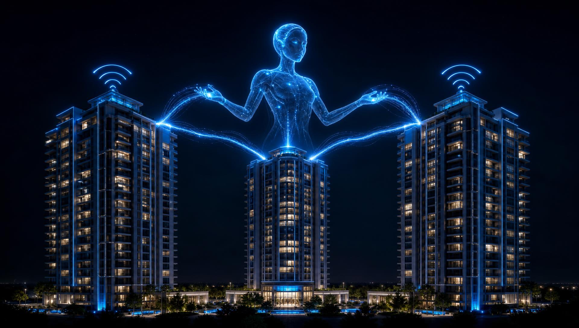 Aerial view of a residential city at night traced with glowing network lines